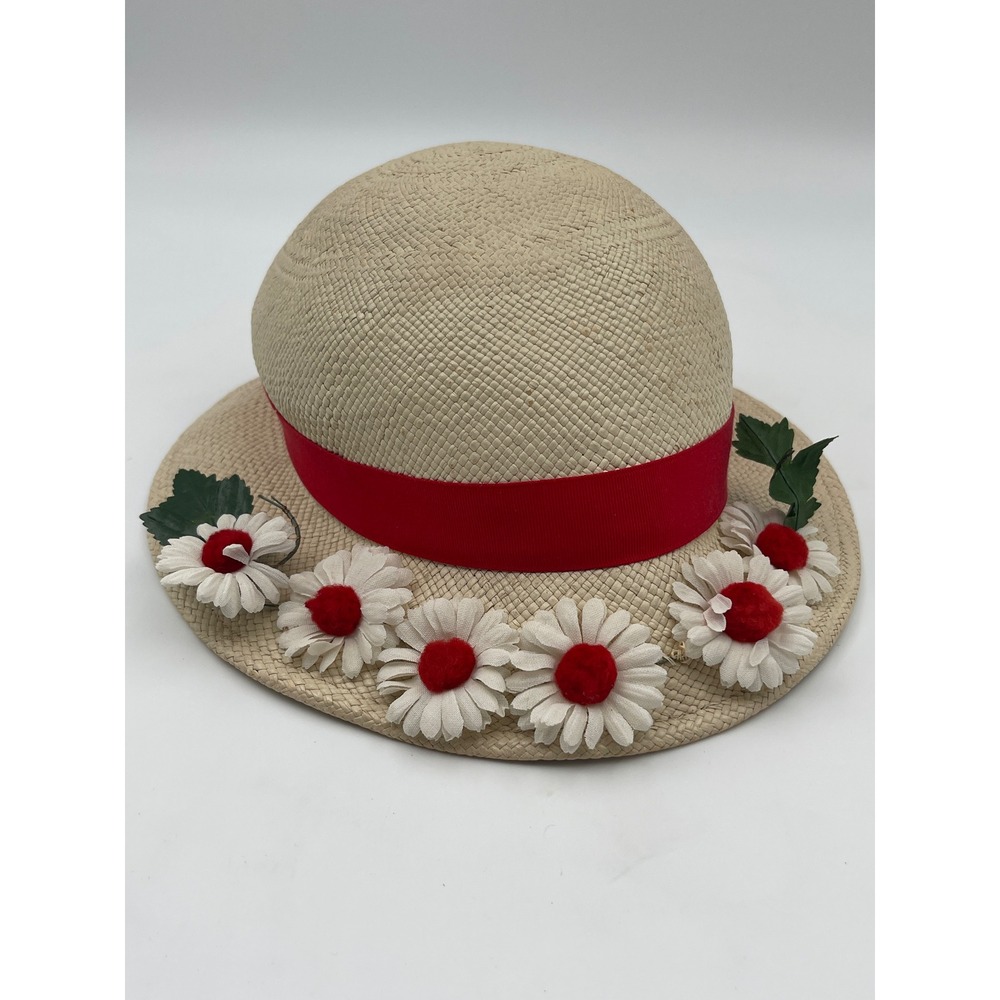 Vintage 1950s Panama Hat Hand Woven Toquilla Straw Red Floral Daisy Boater Hat